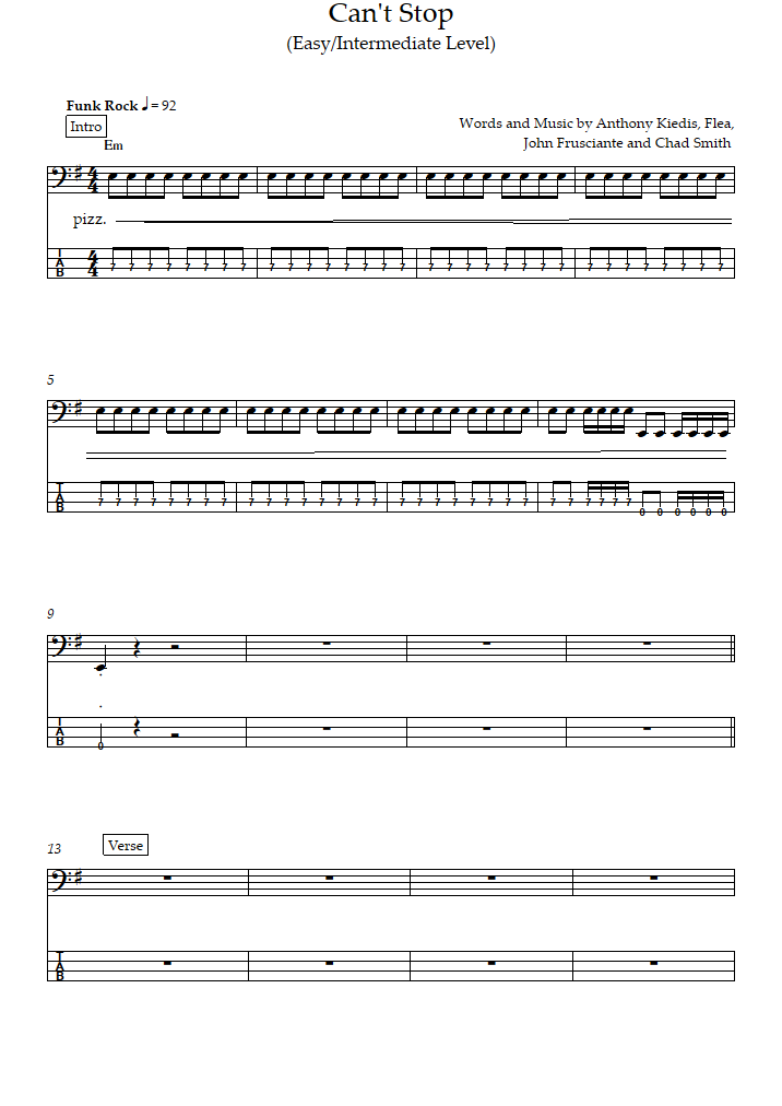 Can T Stop Easy Intermediate Level Red Hot Chili Peppers Bass Tabs