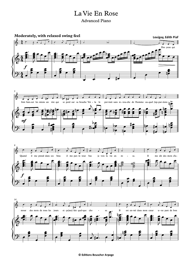 Piano Sheet Music La Vie En Rose Intermediate Advanced Level Edith Piaf