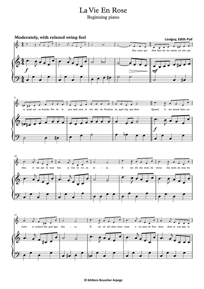 Piano Sheet Music La Vie En Rose Easy Level Edith Piaf
