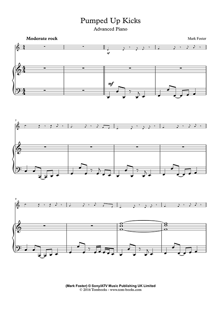 Piano Sheet Music Pumped up Kicks (Intermediate level) (Foster The People)
