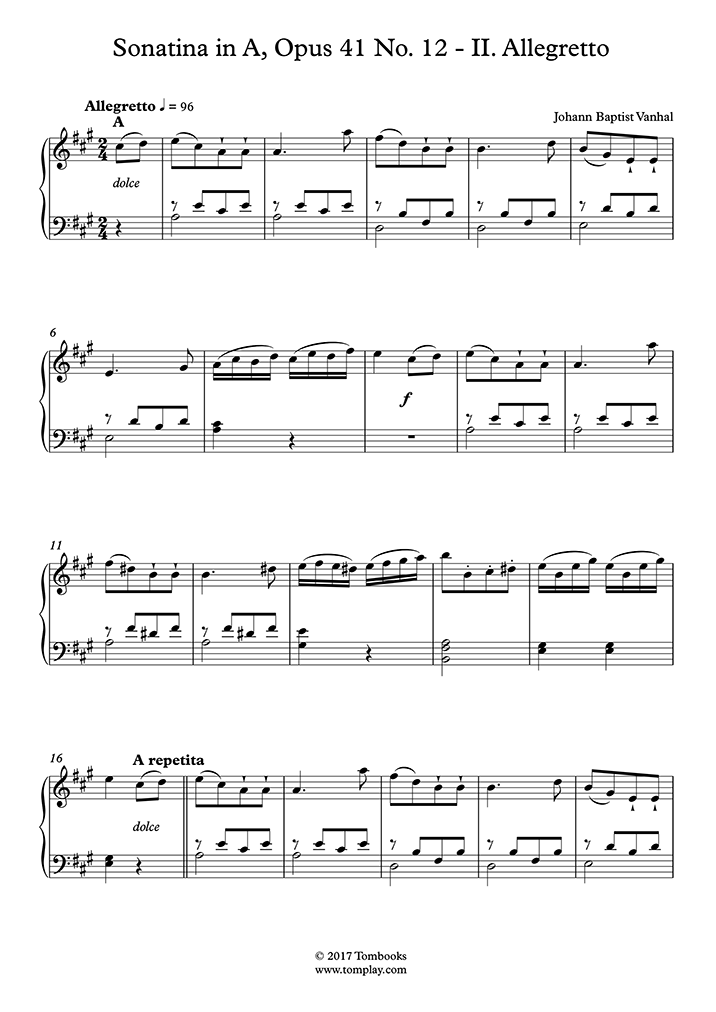 Sonatina in A, Opus 41 No. 12 - II. Allegretto (Vanhal) - Piano Sheet Music