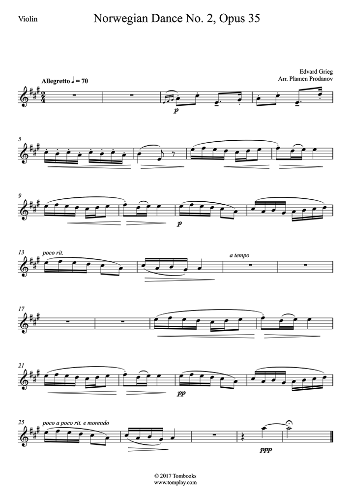 Norwegian Dance No. 2, Opus 35 (Grieg) - Violin Sheet Music