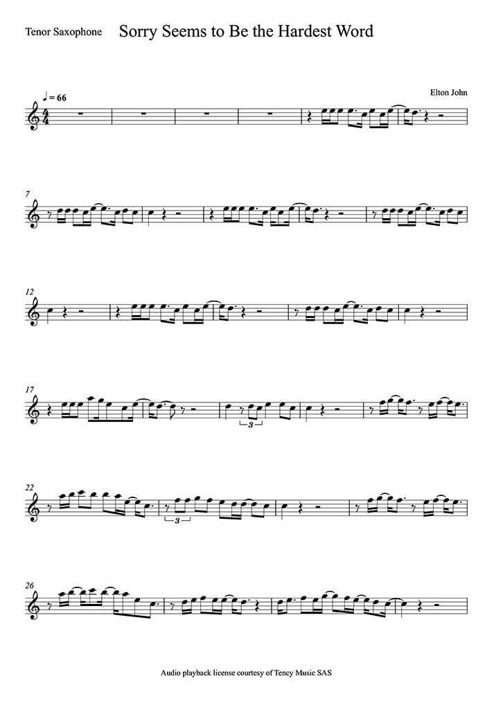 Saxophone Sheet Music Sorry Seems to Be the Hardest Word (Tenor ...