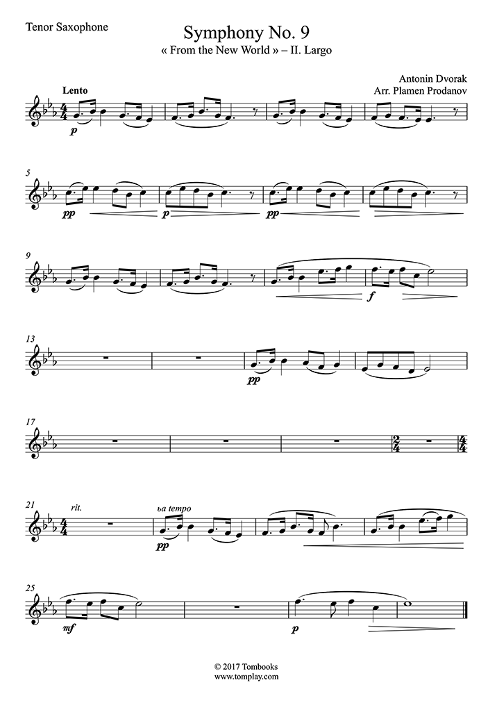 Symphonie n° 9 « Du Nouveau Monde » II. Largo (Saxophone ténor) (Dvorak) Partition Saxophone