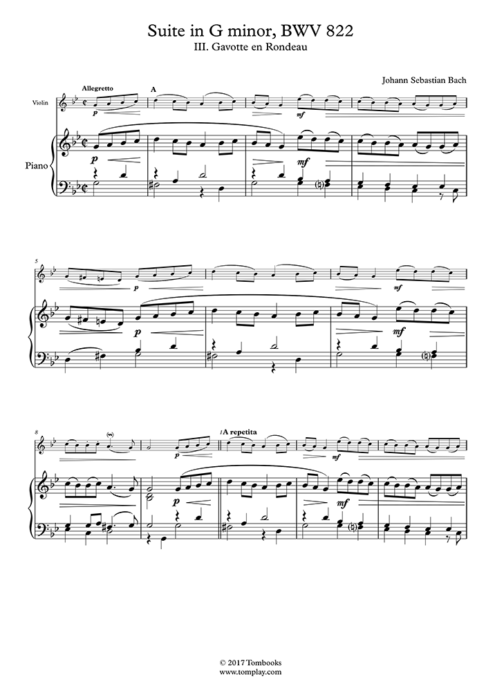 Free sheet music : Bach, Johann Sebastian - Gavotte in G (Piano solo)