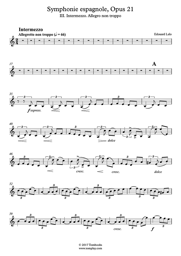 Partition Violon Symphonie Espagnole Opus 21 Iii Intermezzo Allegro Non Troppo Lalo
