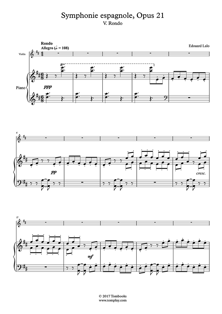 Piano Sheet Music Spanish Symphony Opus 21 V Rondo Lalo