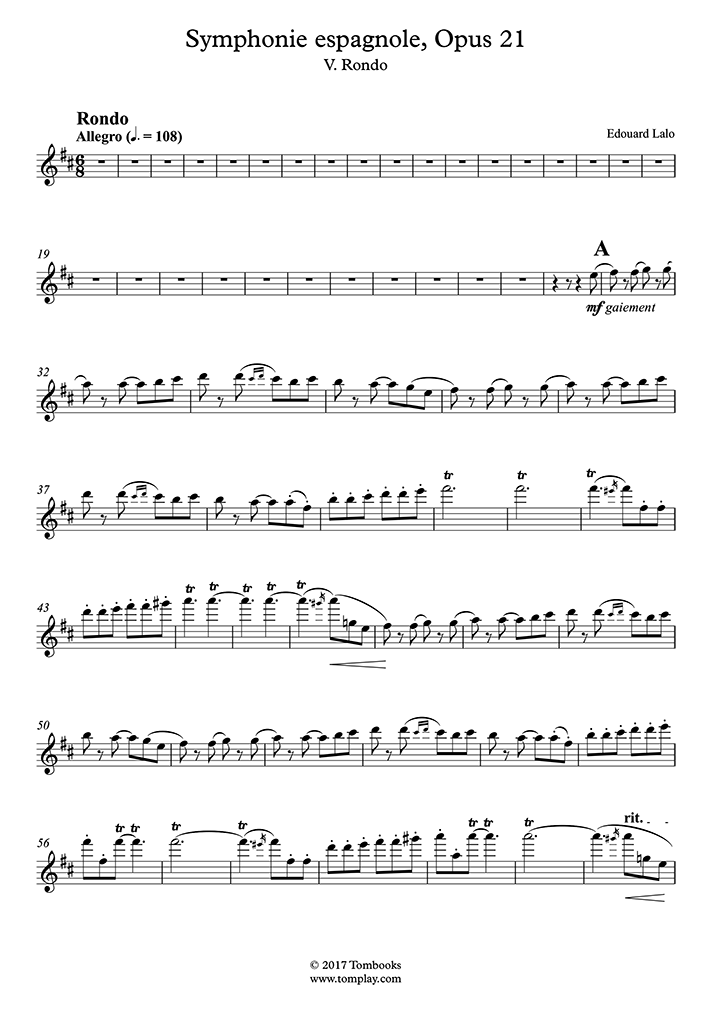 Violin Sheet Music Spanish Symphony Opus 21 V Rondo Lalo