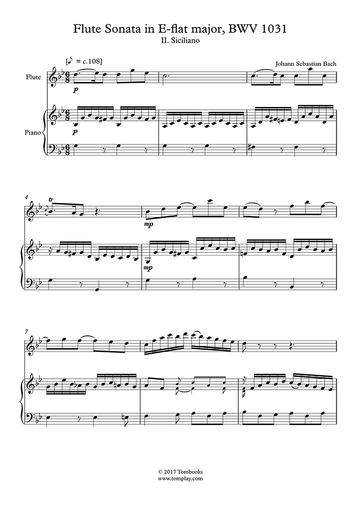 Flute Sheet Music Flute Sonata in E-flat major, BWV 1031 - II ...