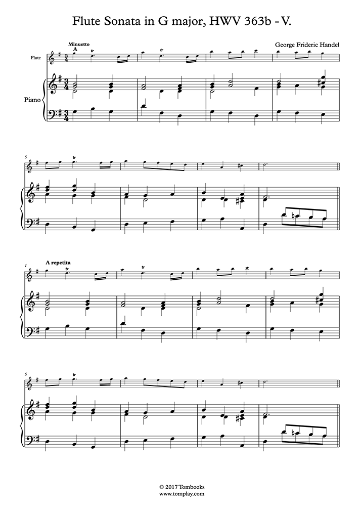 Piano Sheet Music Flute Sonata No 5 In G Major Hwv 363b V Minuet Handel