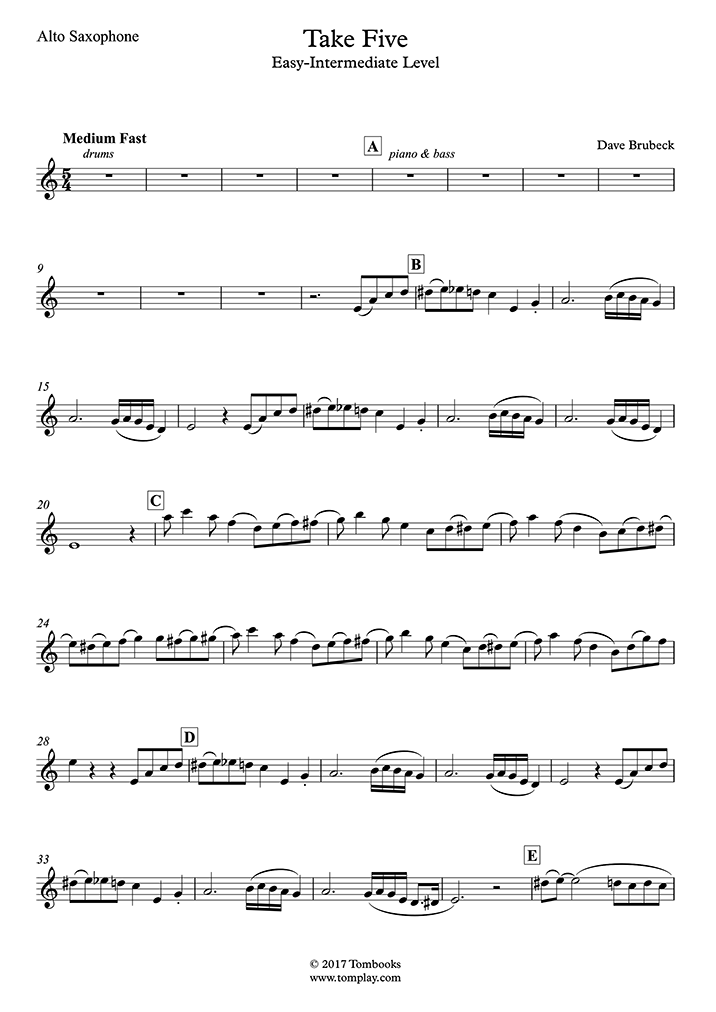 Saxophone Sheet Music Take Five Easy Intermediate Level Alto Sax Brubeck