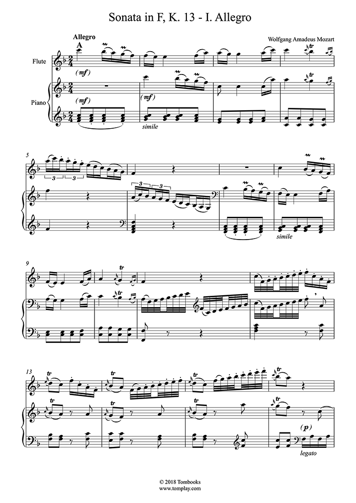 Flute Sheet Music Sonata No. 8 in F major, K. 13 - I. Allegro (Mozart)