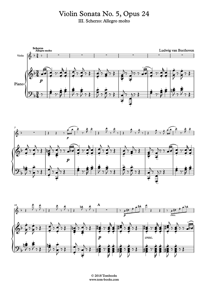 Partition Piano Sonate Pour Violon N 5 En Fa Majeur Le Printemps Opus 24 Iii Scherzo Allegro Molto Beethoven