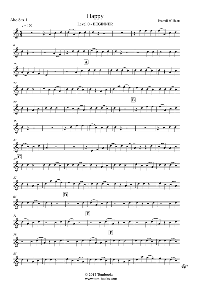 Saxophone Sheet Music Happy Beginner Level Alto Sax Williams Pharrell