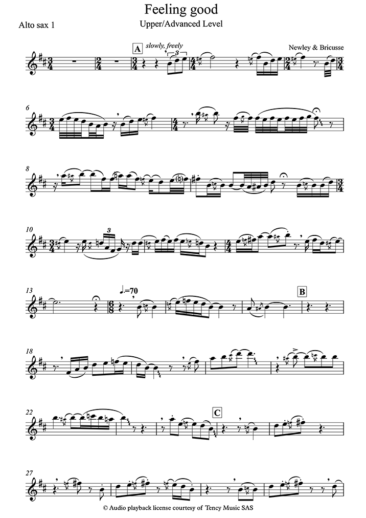 Saxophone Sheet Music Feeling Good (Upper Advanced Level, alto sax) (Bublé)