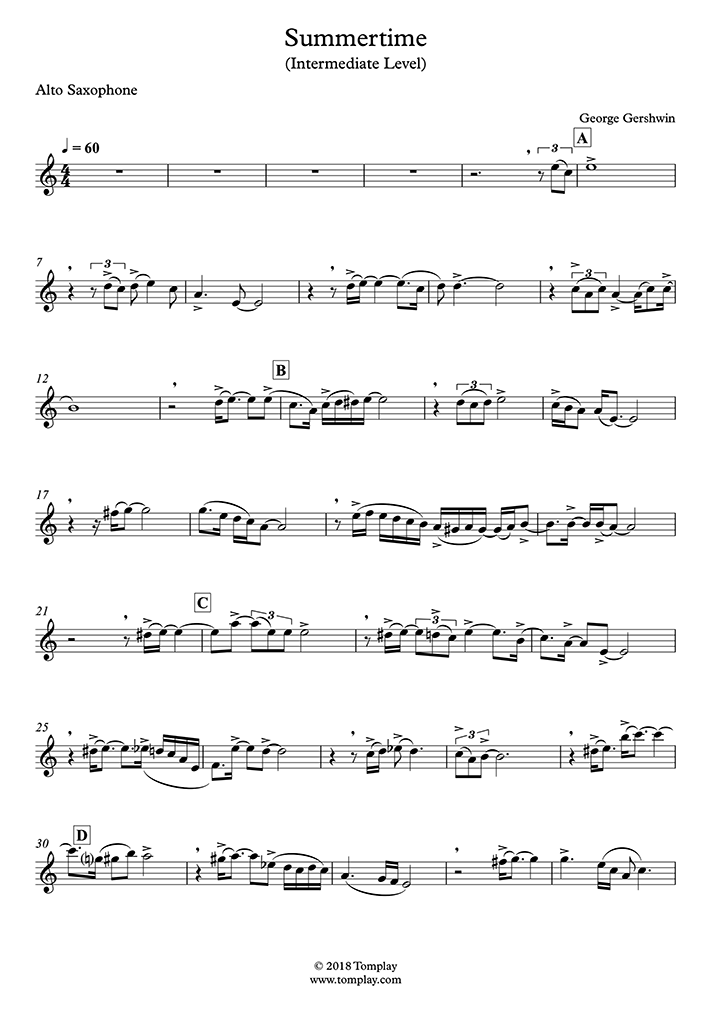 Saxophone Sheet Music Summertime (Intermediate Level, alto sax