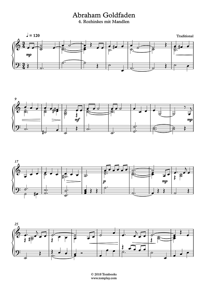 Piano Sheet Music Rozhinkes mit Mandlen (Raisins and Almonds) (Klezmer