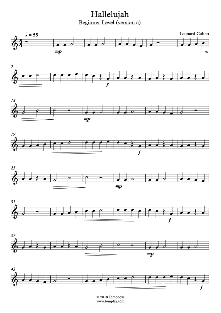 Flöte-Musiknoten Hallelujah (Anfänger) (Leonard Cohen)