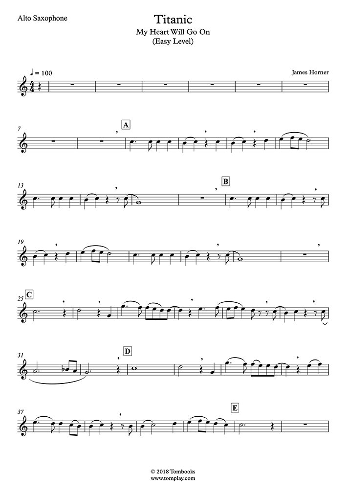 Saxophone Sheet Music My Heart Will Go On Easy Level Alto Sax Dion