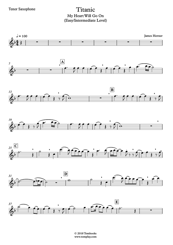 My Heart Will Go On Tenor Saxophone Sheet Music Free My Heart Will Go On (Easy/Intermediate Level, Tenor Sax) (Céline Dion