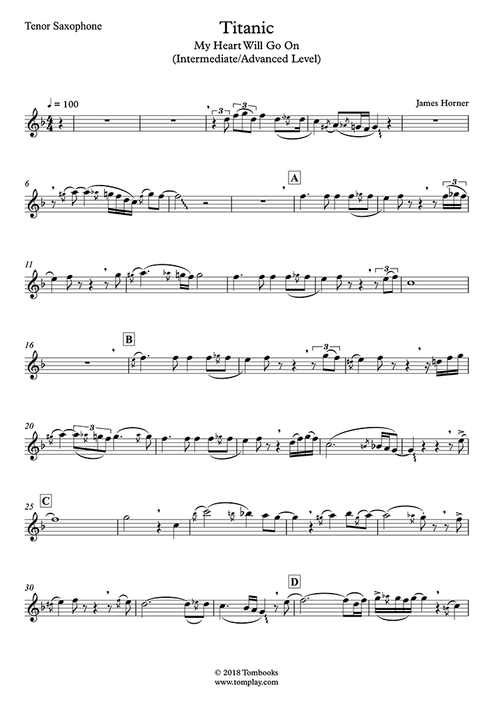 Saxophone Sheet Music My Heart Will Go On Intermediate Advanced Level Tenor Sax Dion