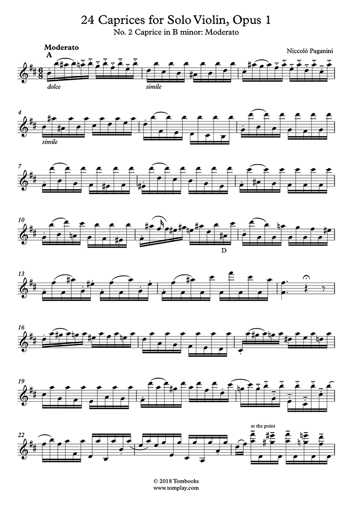 24のカプリース Op.1〜第2曲：モデラート ロ短調 (パガニーニ) - ヴァイオリン 楽譜