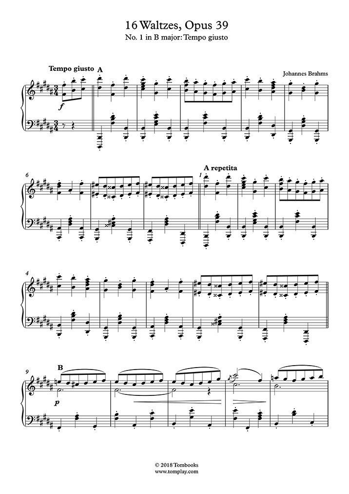 16 Waltzes, Opus 39 No. 1 in B major Tempo giusto (Brahms) Piano