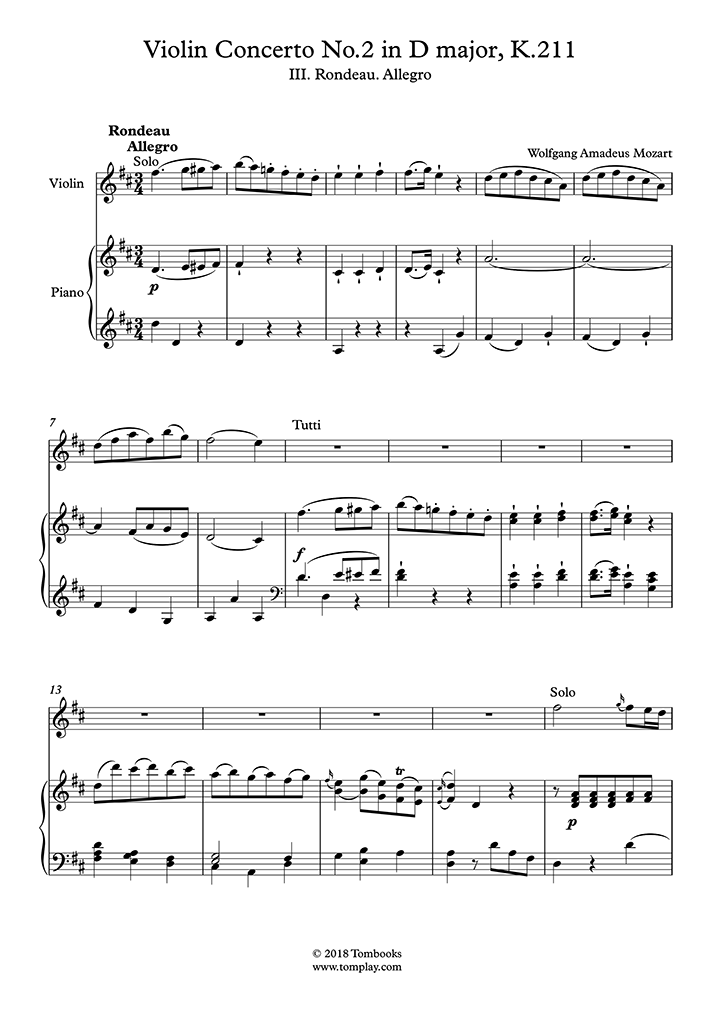 Violin Sheet Music Violin Concerto No. 2 in D major, K.211 III
