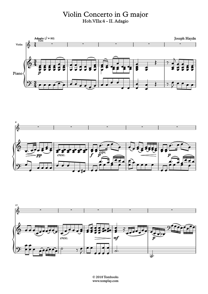 Piano Sheet Music Violin Concerto No 4 In G Major Hob Viia 4 Ii Adagio Haydn