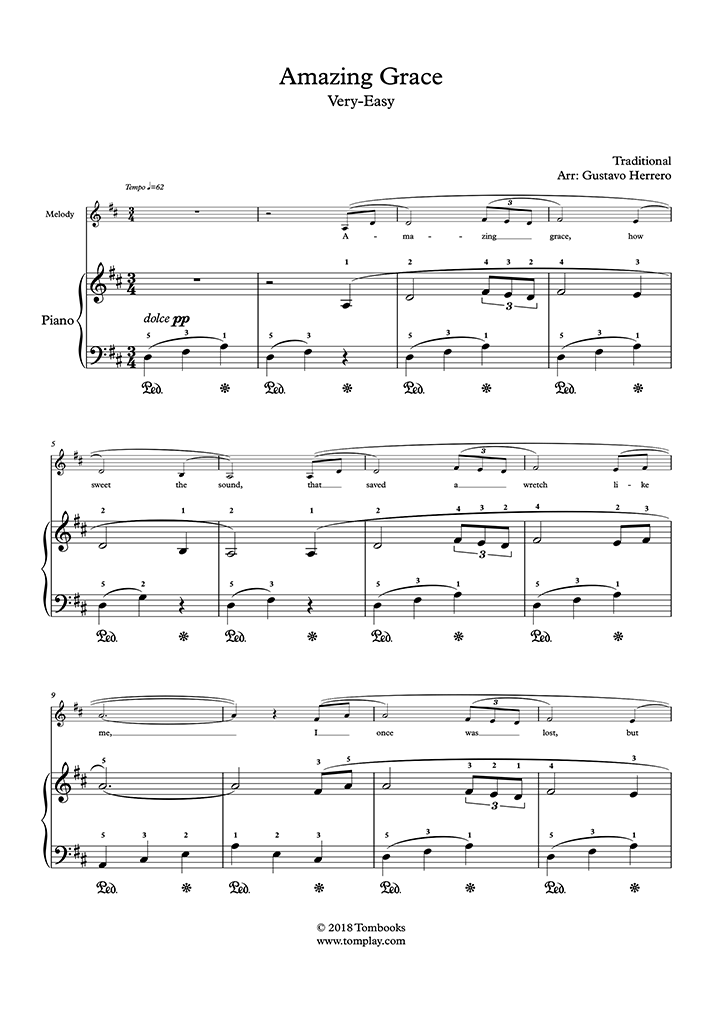 Amazing Grace (Very Easy Level, Solo Piano) (Traditional) - Piano Sheet