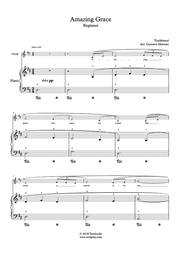 Piano Sheet Music Amazing Grace Beginner Level Solo Piano Traditional