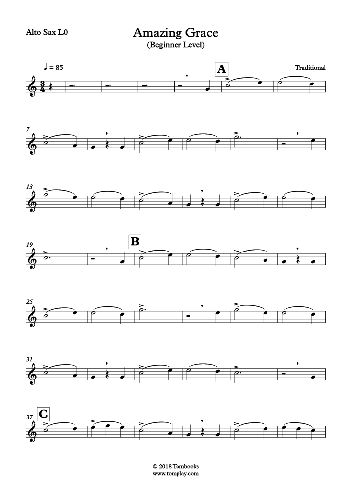 Amazing Grace (Beginner Level, Alto Sax) (Traditional) - Saxophone Sheet Mu...
