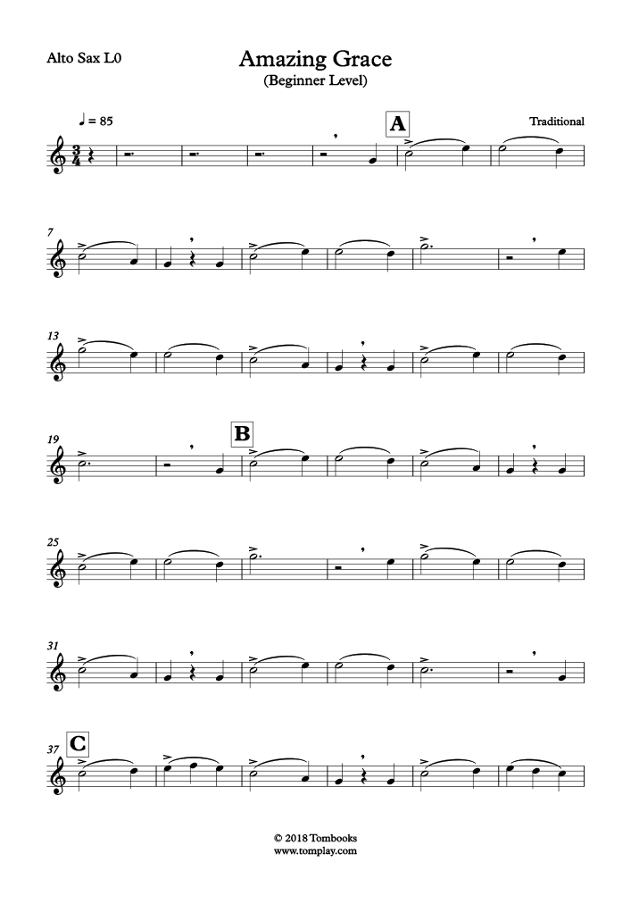 Amazing Grace Beginner Level Alto Sax Traditional Saxophone Sheet Music 