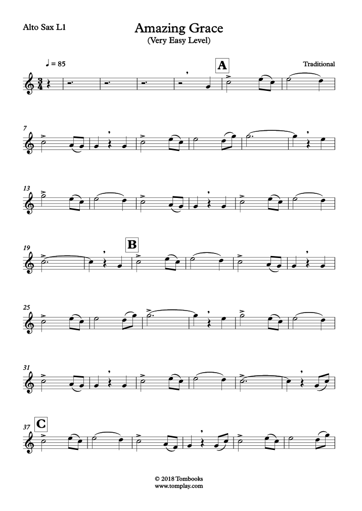 Amazing Grace (Very Easy Level, Alto Sax) (Traditional) - Saxophone Sheet M...