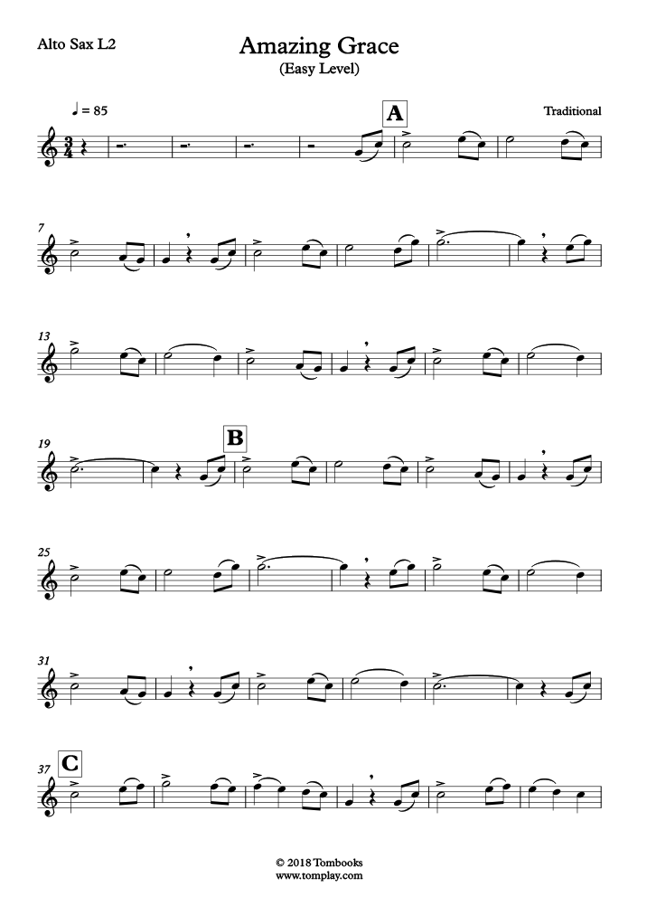 Saxophone Sheet Music Amazing Grace Easy Level Alto Sax Traditional