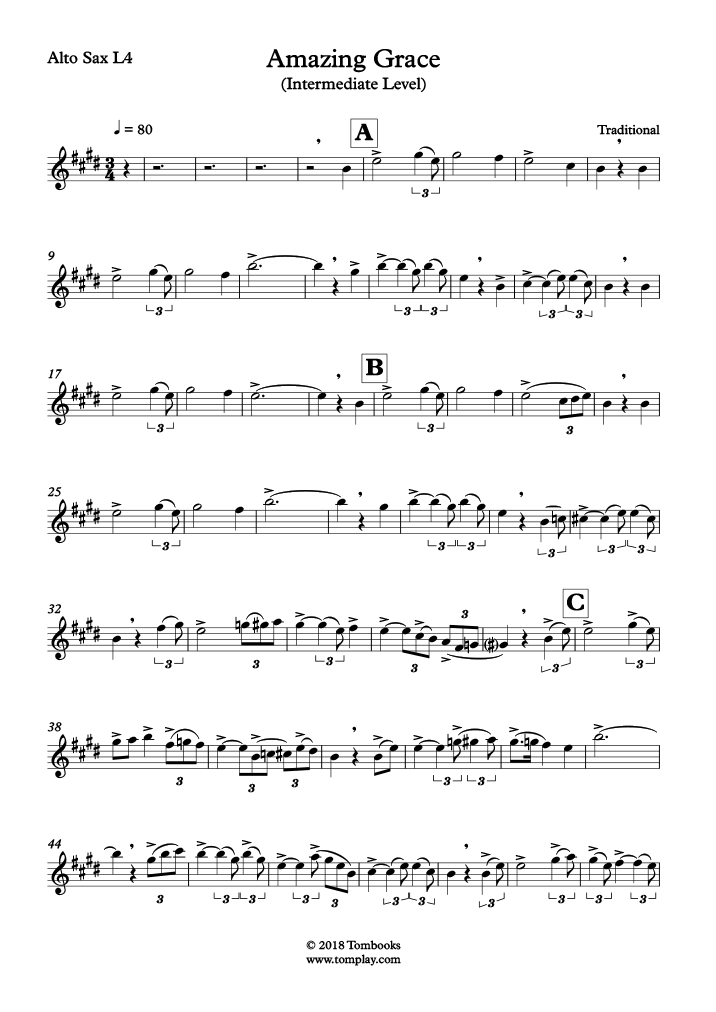 Amazing Grace Intermediate Level Alto Sax Traditional Saxophone