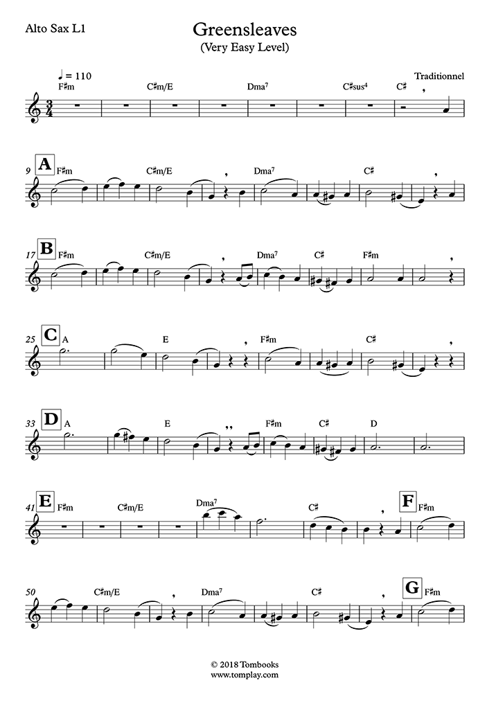 Greensleeves Very Easy Level Alto Sax Traditional Saxophone Sheet Music 0413