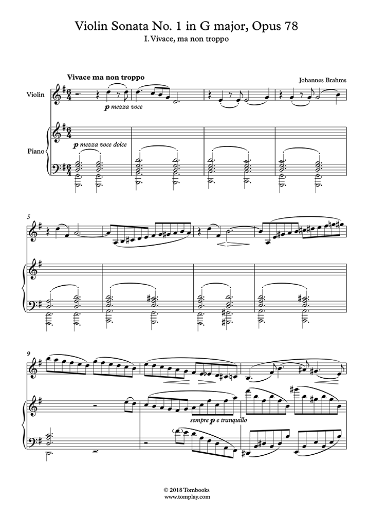 ヴァイオリン・ソナタ 第1番 ト長調 「雨の歌」Op.78〜第1楽章：ヴィヴァーチェ・マ・ノン・トロッポ (ブラームス) - ヴァイオリン 楽譜