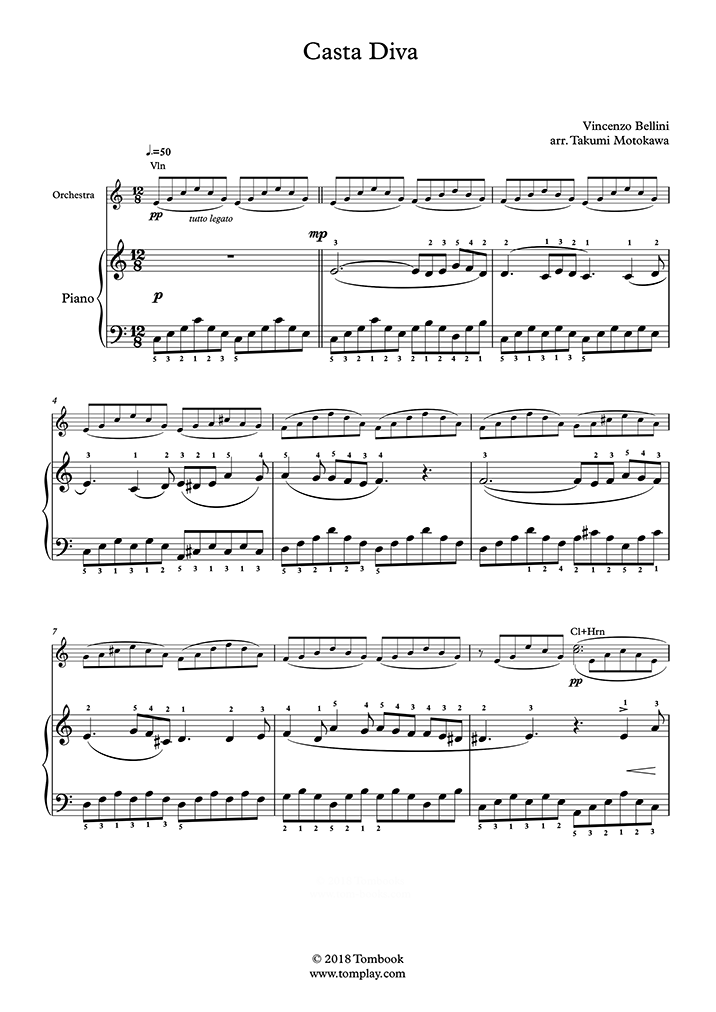 Piano Sheet Music Norma Casta Diva Easy Level With Orchestra Bellini
