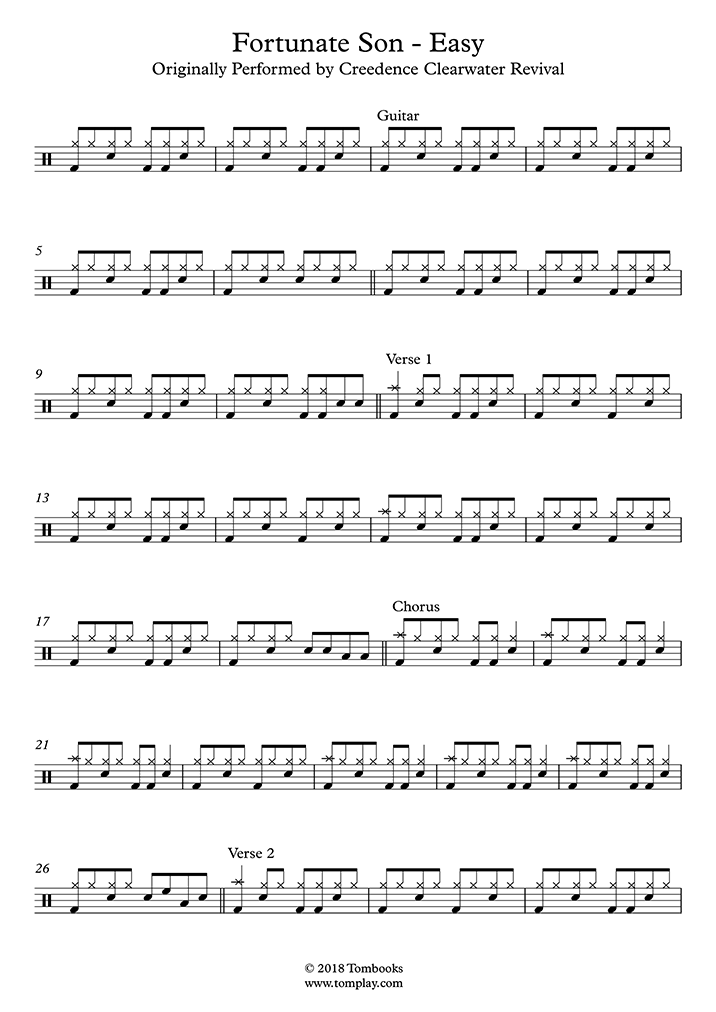 Drums Sheet Music Fortunate Son Easy Level Creedence Clearwater Revival