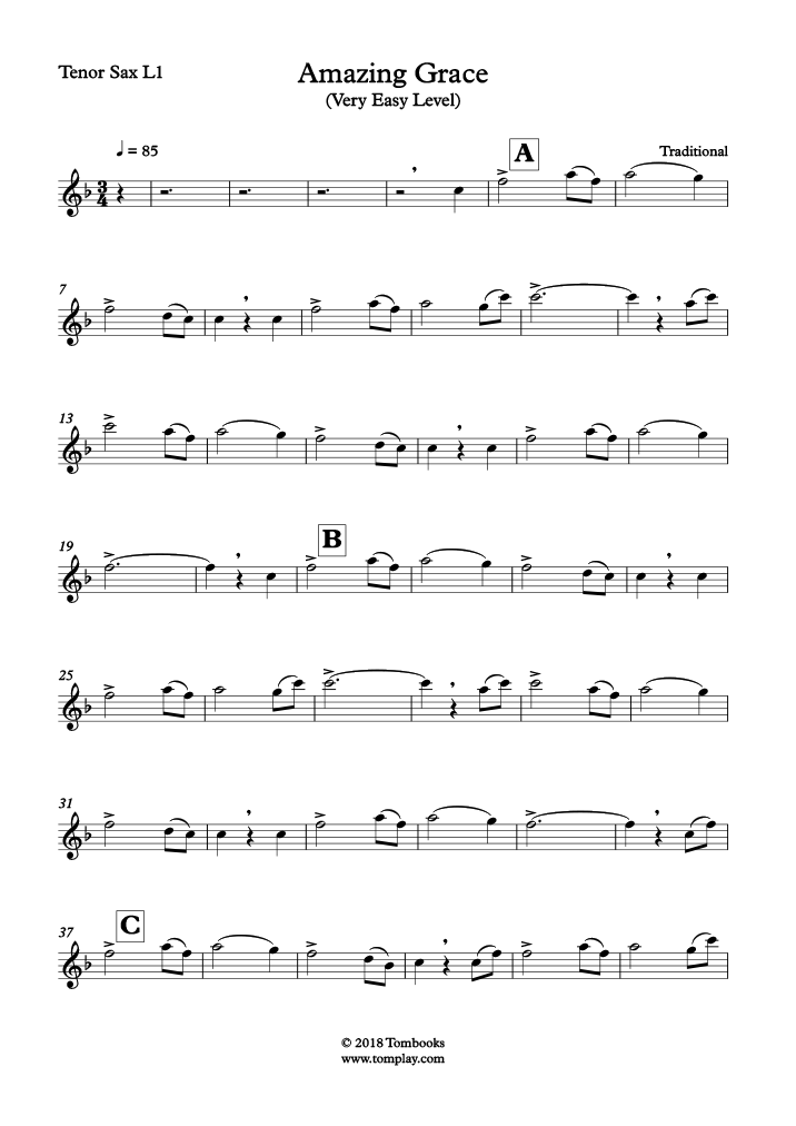 Amazing Grace (Very Easy Level Tenor Sax) (Traditional) Saxophone