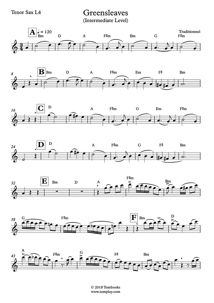 Greensleeves (Intermediate Level, Tenor Sax) (Traditional) Saxophone