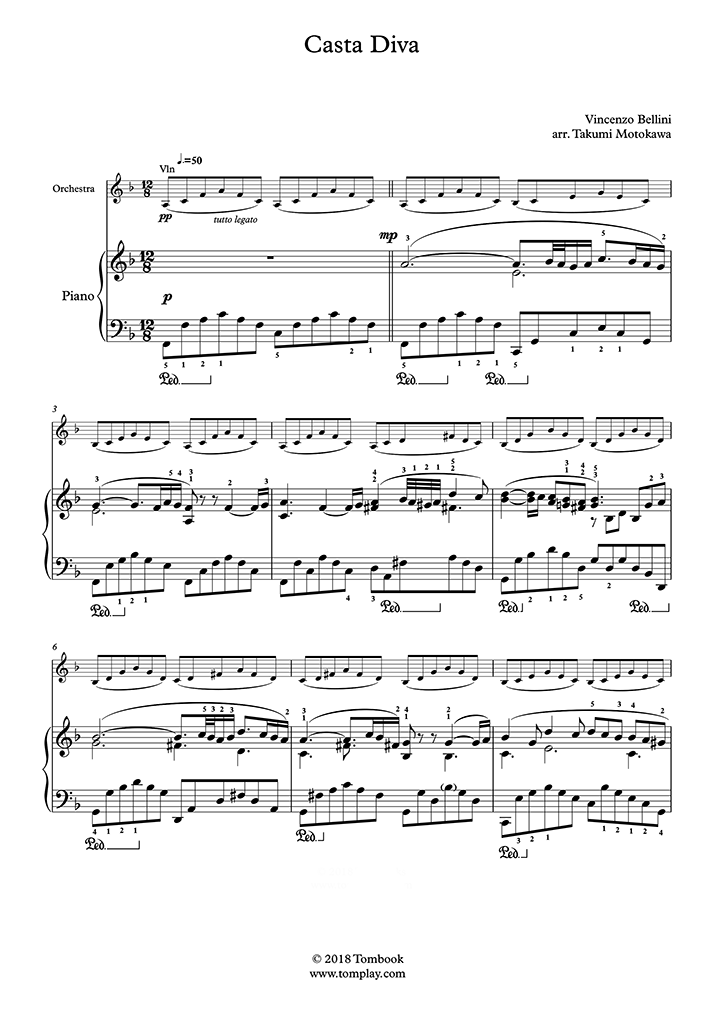 Piano Sheet Music Norma Casta Diva Upper Advanced Level With Orchestra Bellini