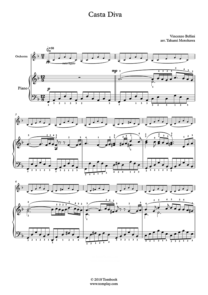 Piano Sheet Music Norma Casta Diva Easy Intermediate Level With Orchestra Bellini