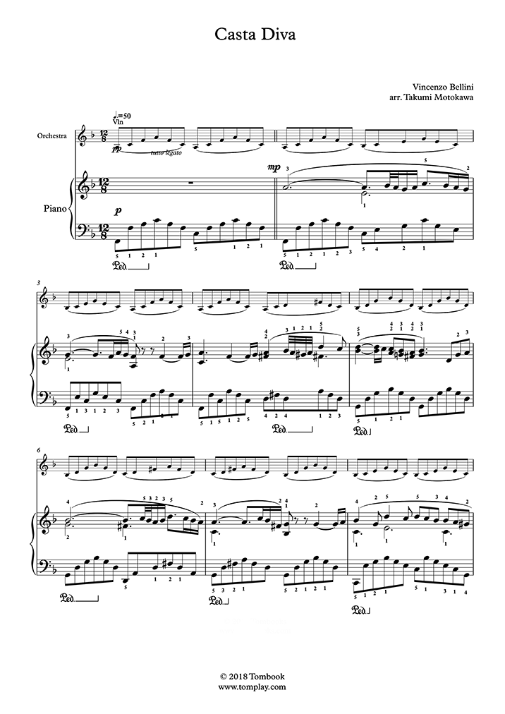 Piano Sheet Music Norma Casta Diva Intermediate Advanced Level With Orchestra Bellini
