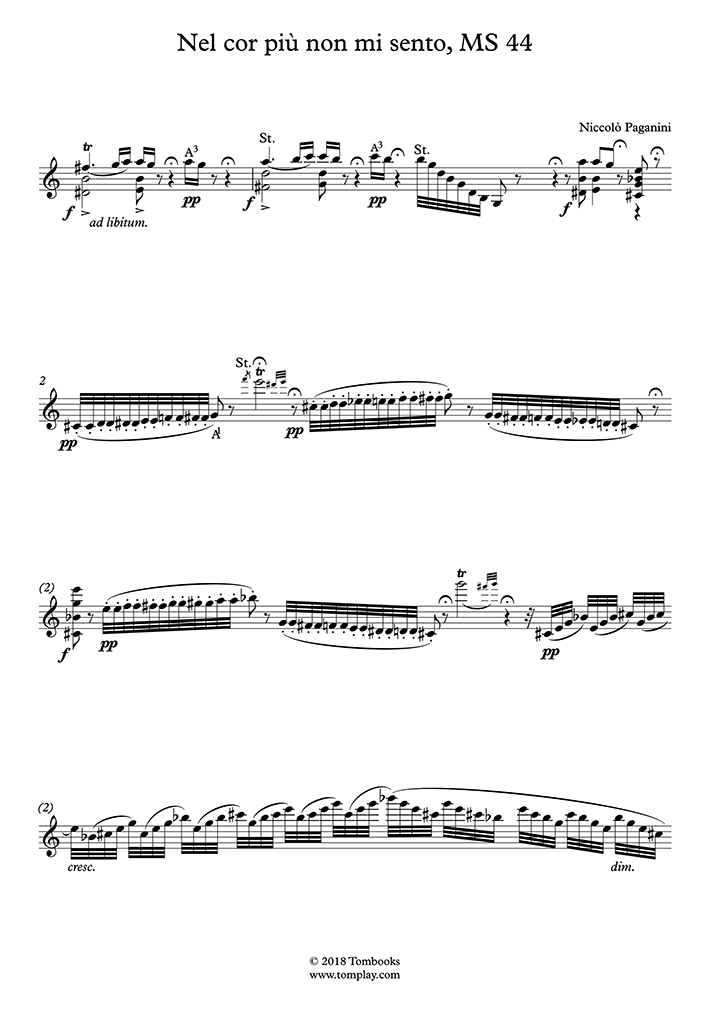 Violin Sheet Music Nel Cor Piu Non Mi Sento Ms 44 Paganini