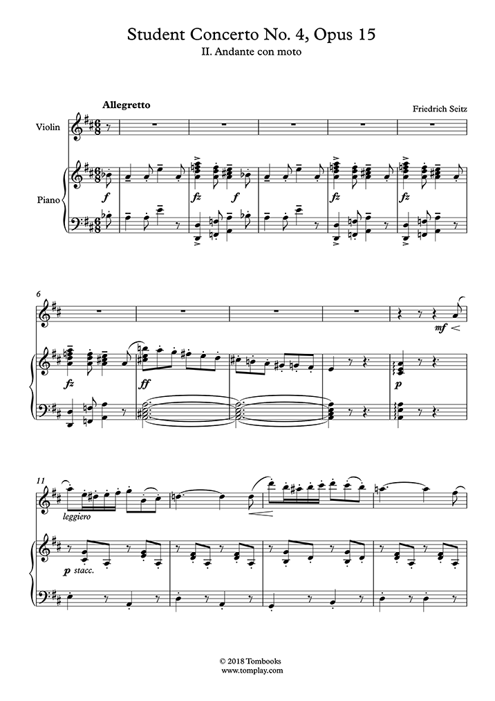 学生のための協奏曲 第4番 Op.15〜第3楽章：アレグレット (セイシャス) ヴァイオリン 楽譜