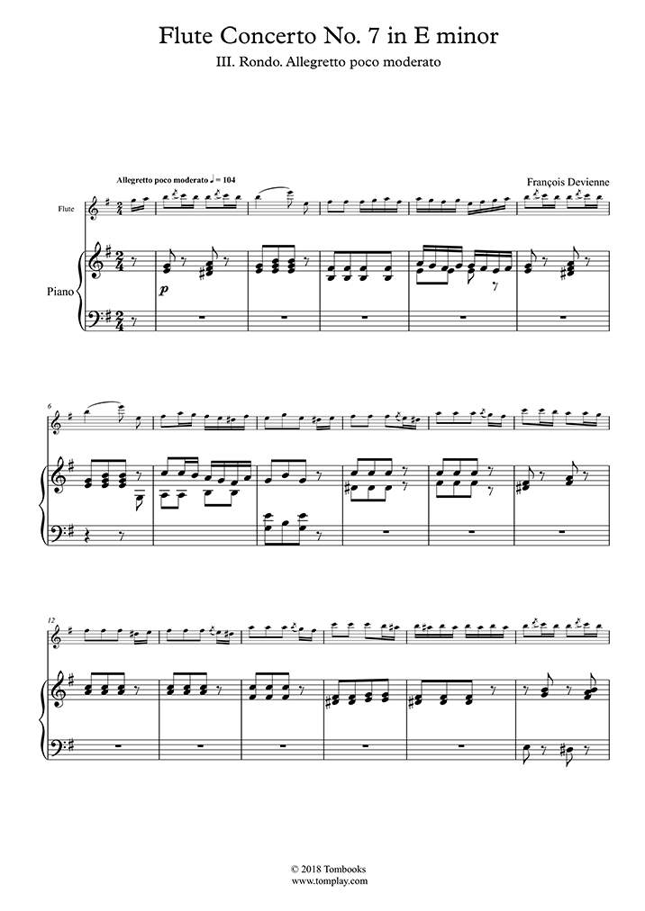 Piano Sheet Music Flute Concerto No 7 In E Minor Iii Rondo Allegretto Poco Moderato Devienne