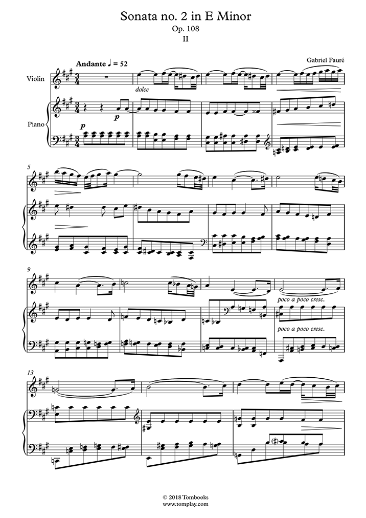 Violin Sheet Music Sonata No. 2 in E minor, Opus 108 - II. Andante (Fauré)