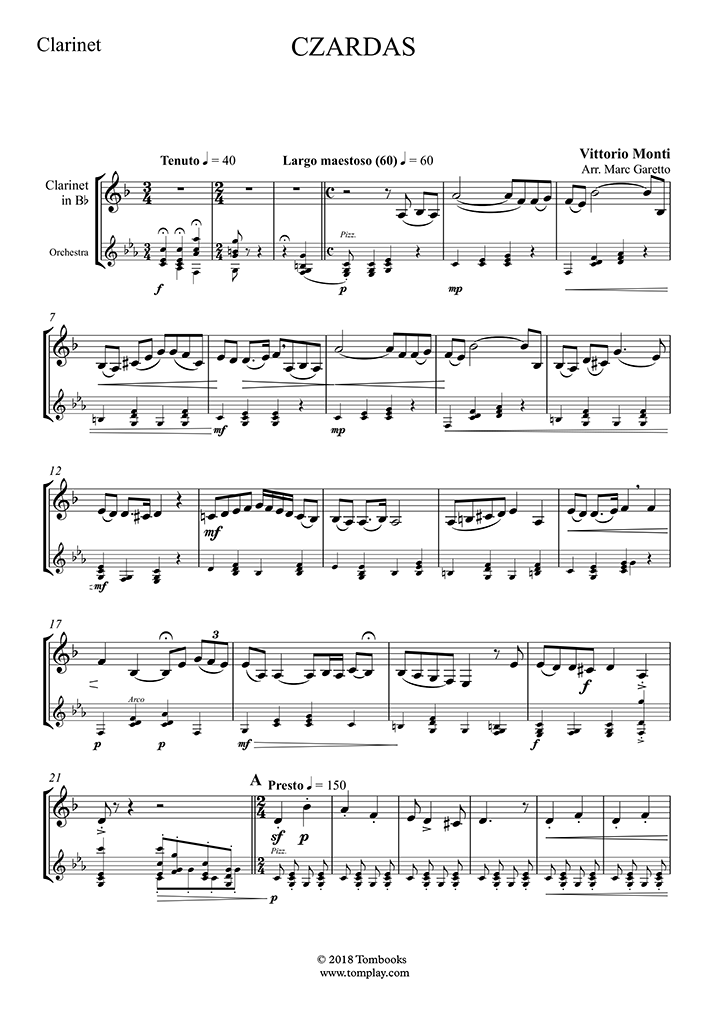 チャールダーシュ 初級 モンティ クラリネット 楽譜